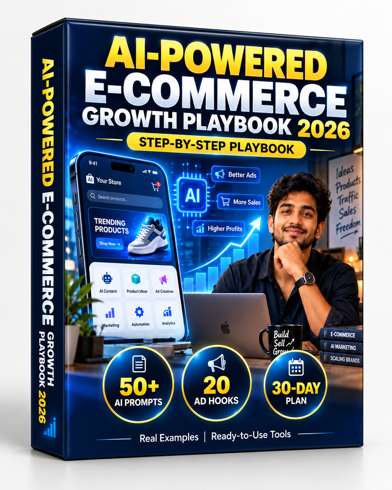 AI-Powered E-Commerce Growth Playbook 2026 digital eBook cover in 3D mockup