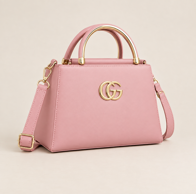 Pastel pink structured handbag with gold-tone hardware and shoulder strap