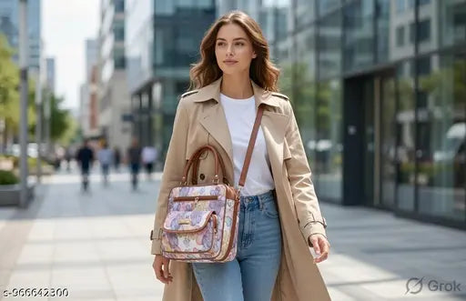 Printed PU women's handbag on model