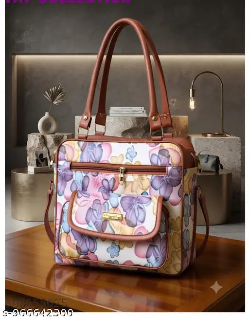 Printed PU women's handbag, purple floral multicolor