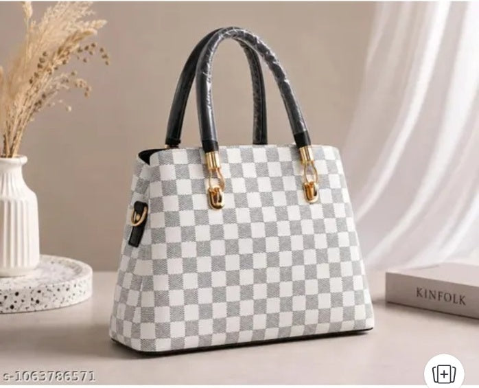 Elegant structured white and grey checkered handbag with detachable sling strap
